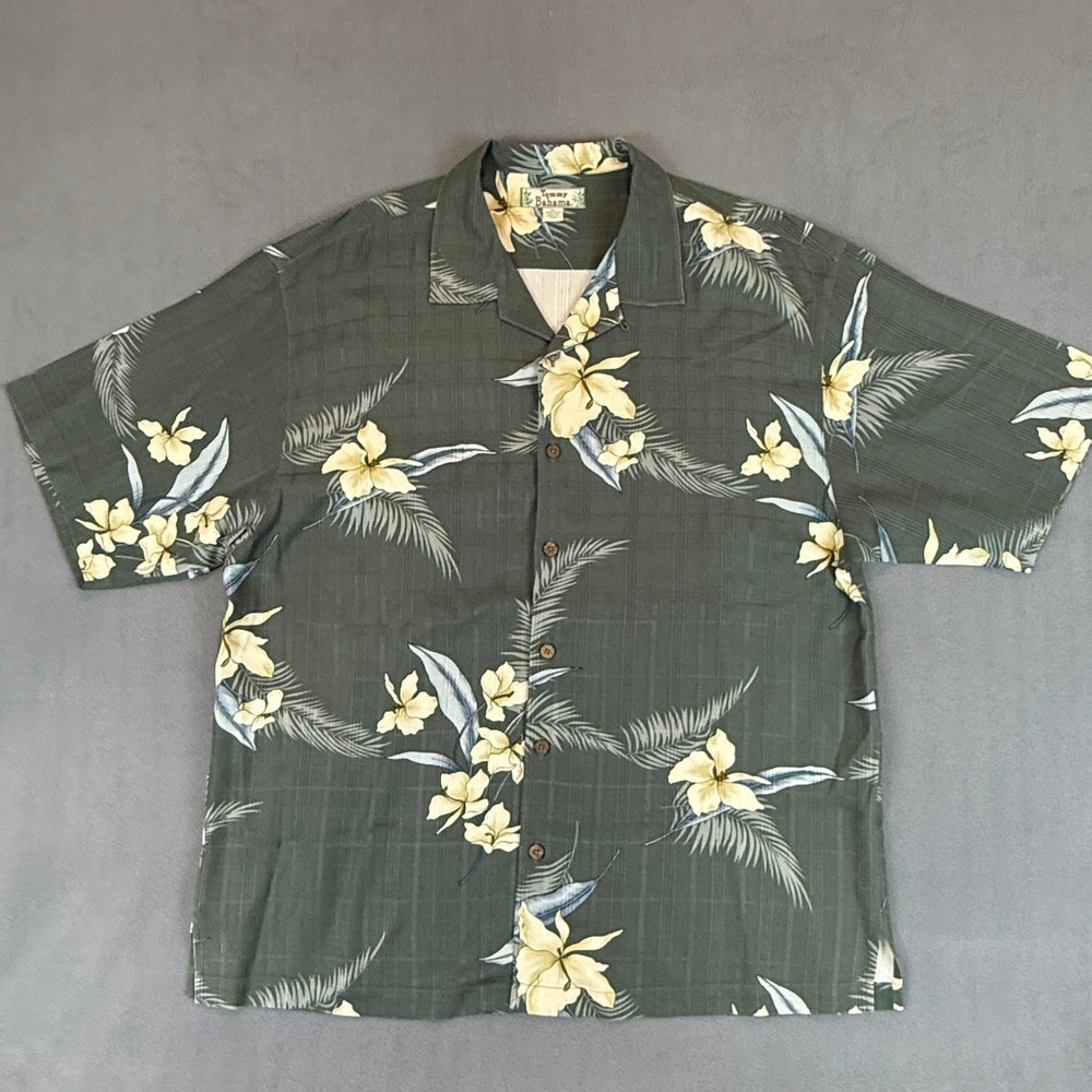 Tommy Bahama Shirt Mens XL Green Silk Floral Hibiscus Button Front Camp Aloha